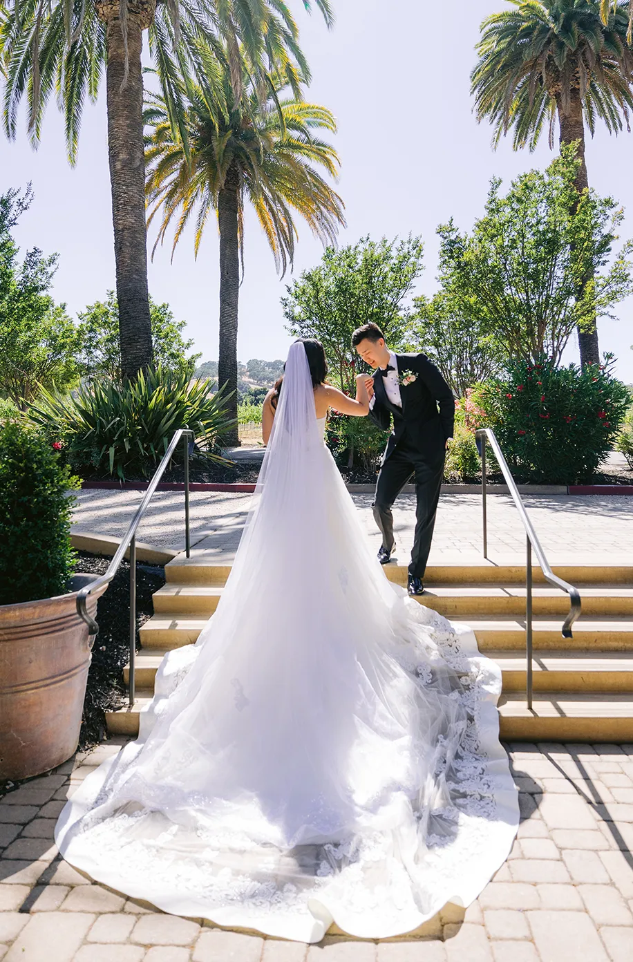 Groom dipping the bride on sunlit stone steps as her cathedral-length veil cascades down beneath the palm trees