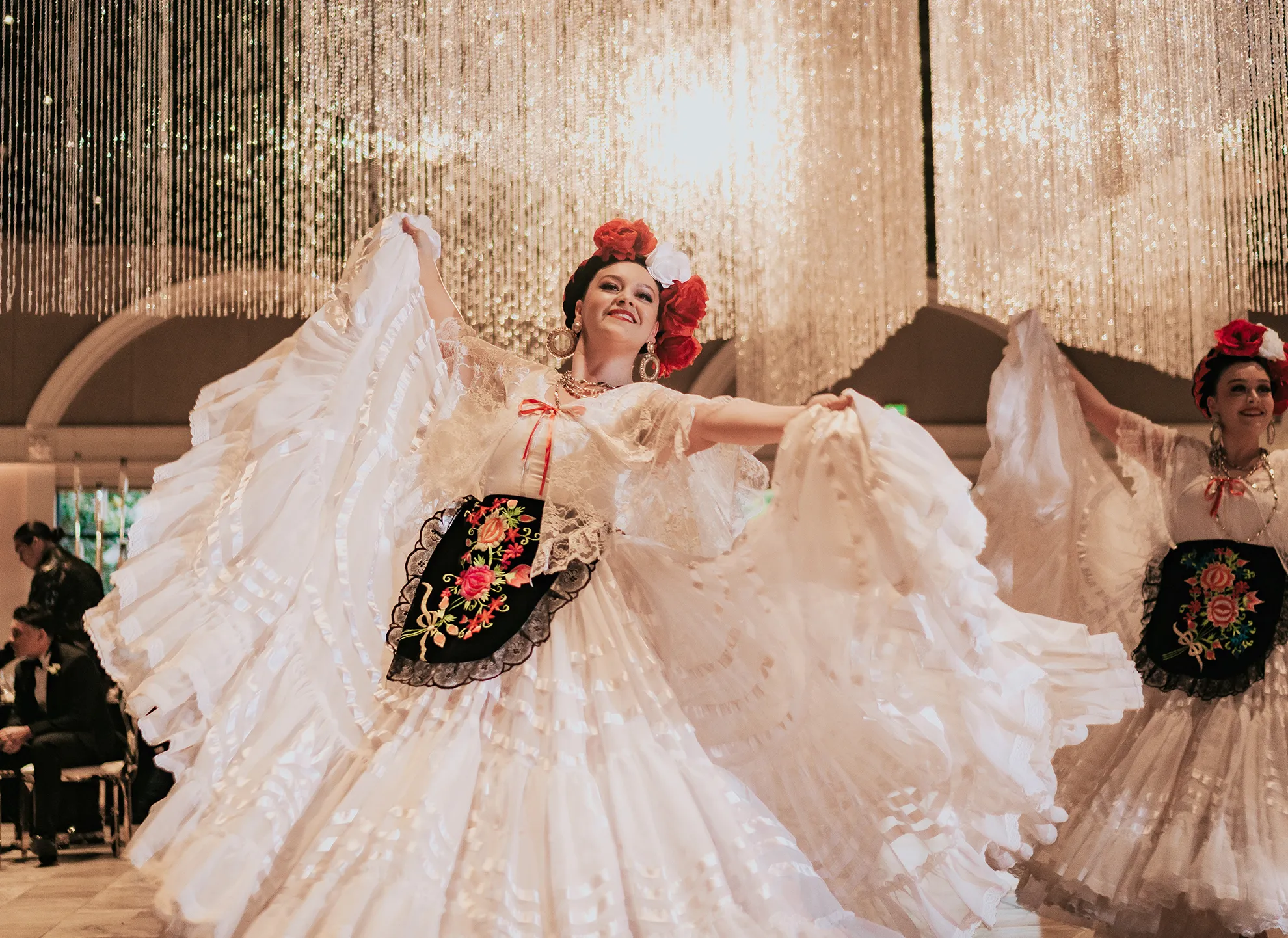 Traditional Mexican folklorico dancers performing at a wedding reception