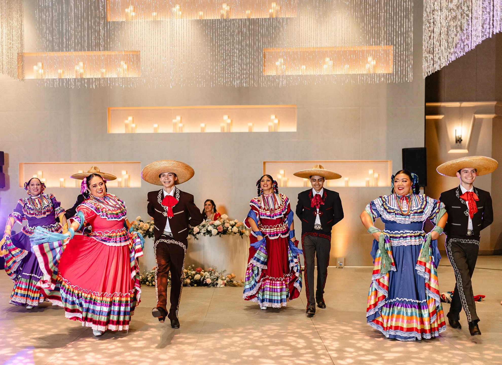 Mexican folklorico dance ensemble performing at a wedding celebration
